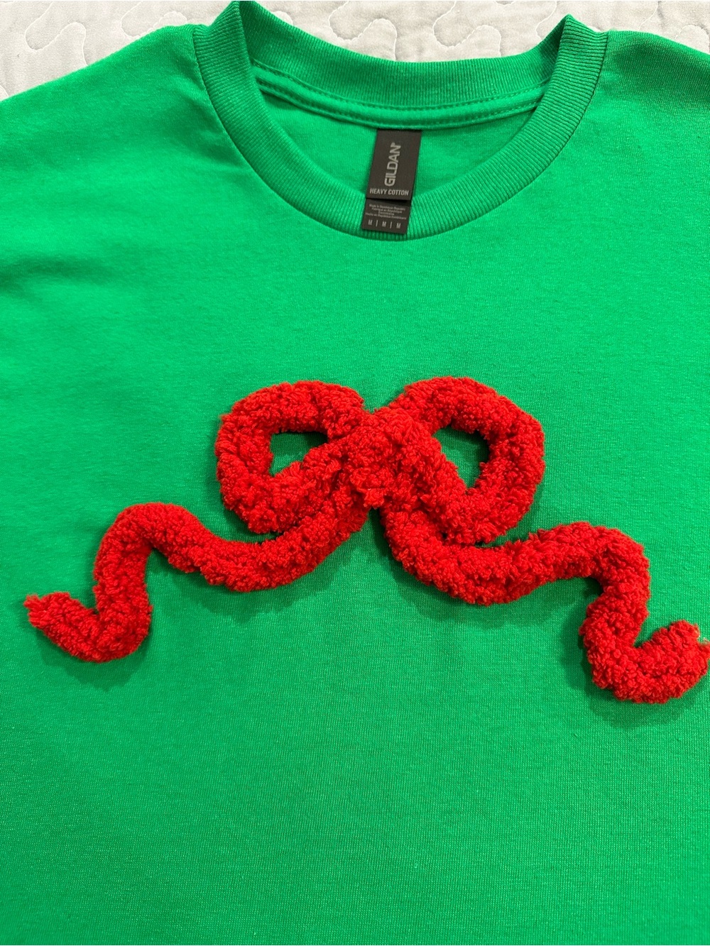 Gildan Green Adult Tee with Red Chenille Bow Accent